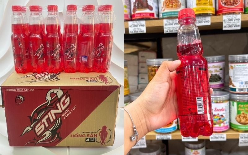 Quy cách đóng gói 1 thùng Sting dâu 330ml gồm 24 chai (4 lốc x 6 chai